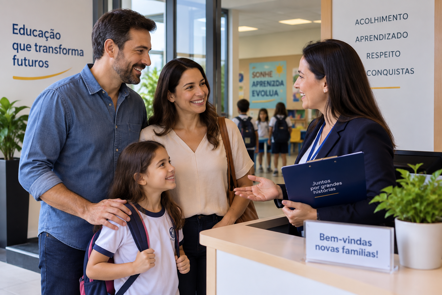 Pais conhecendo uma escola e realizando a matrícula