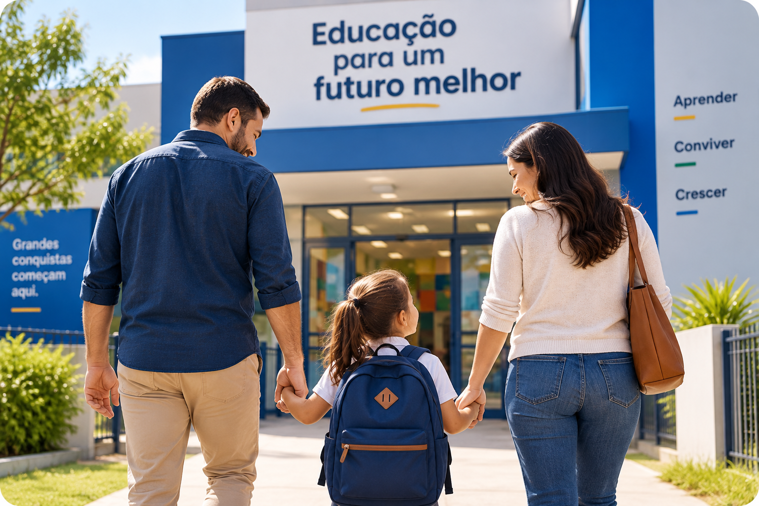Pais levando a filha para a escola